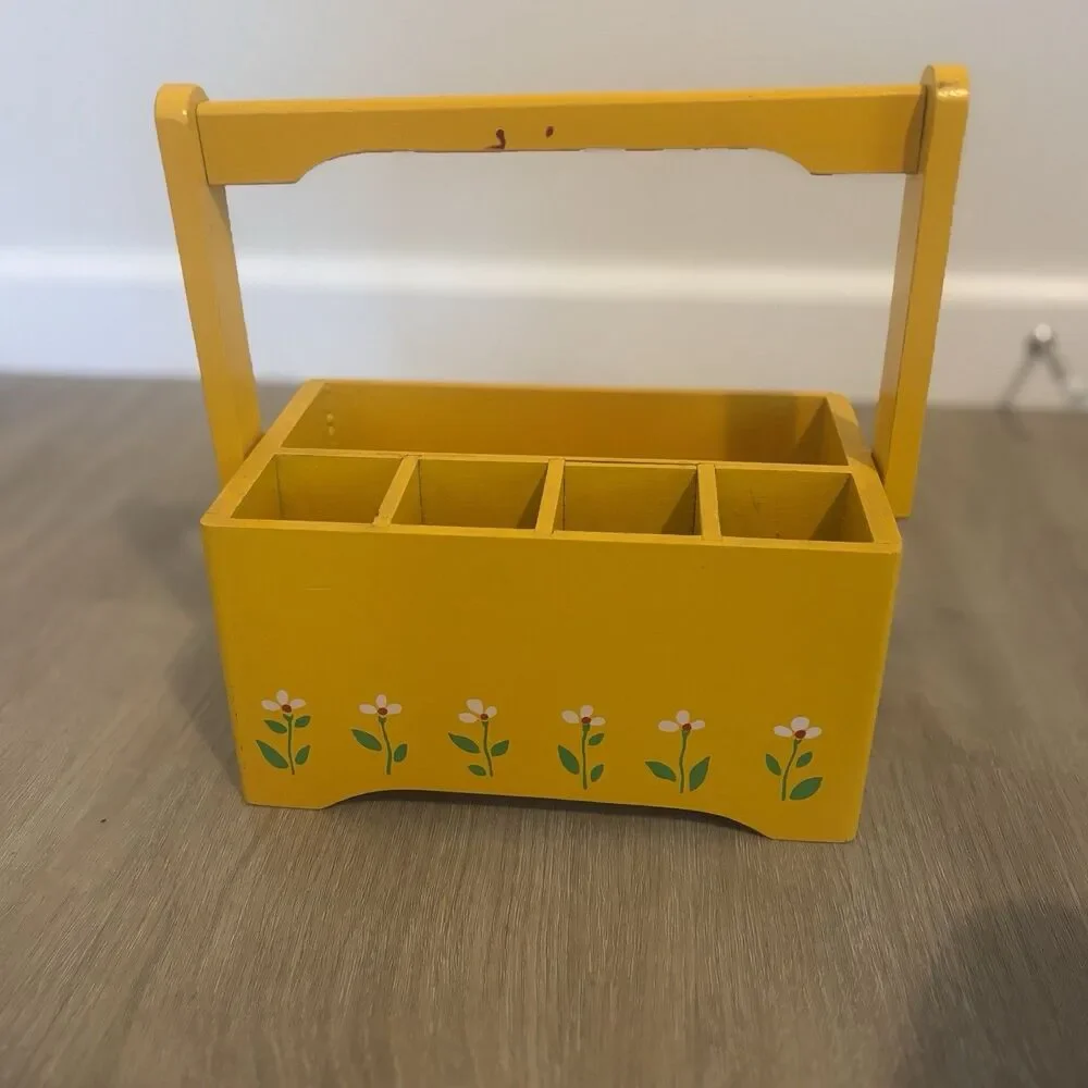 Vtg 1984 Teleflora Yellow Wooden Handle Caddy Desk Organizer Flower Crate 8in